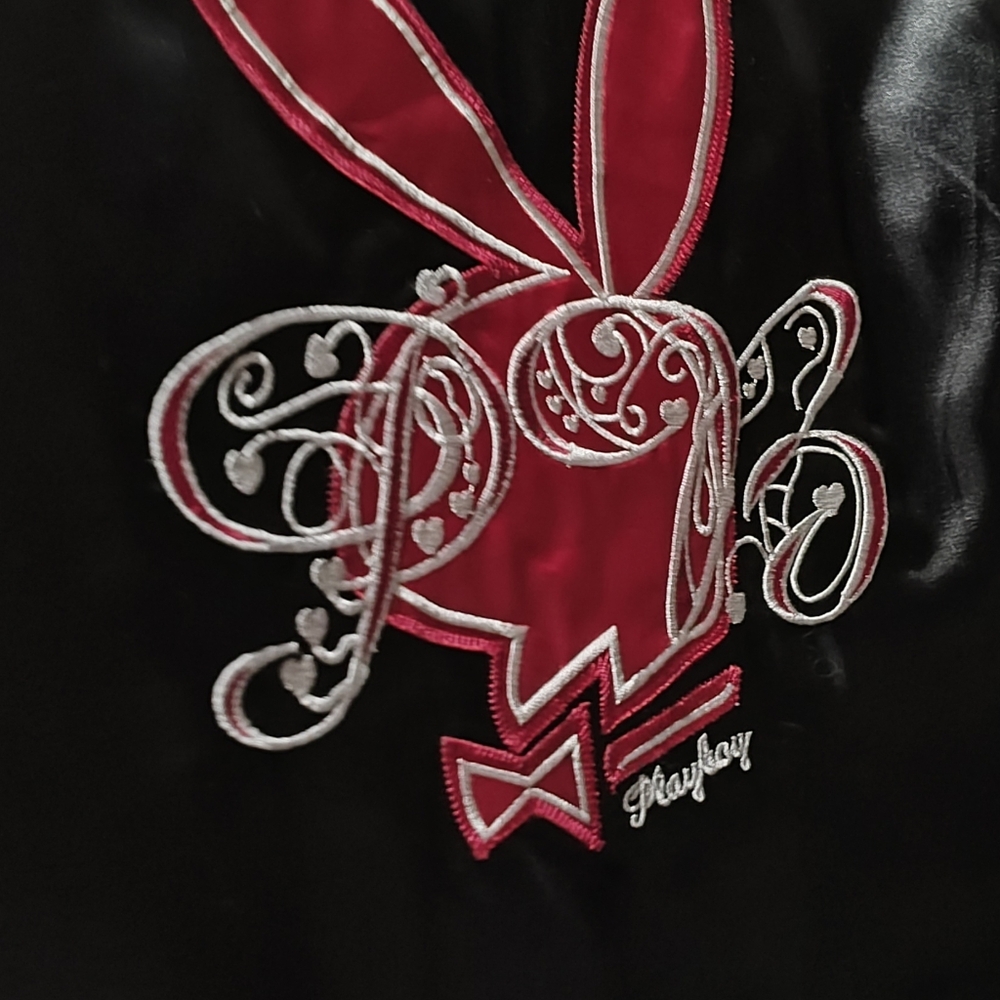 Playboy Y2K Black satin Jacket with Red and White Logo